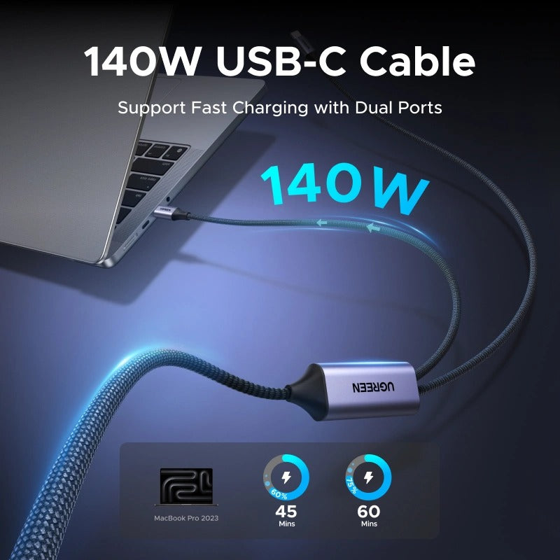 Ugreen USB-C 2-in-1 Universal 5A/140W PD Fast Charging Braided Cable - 2m (Space Gray) (L533/75733)