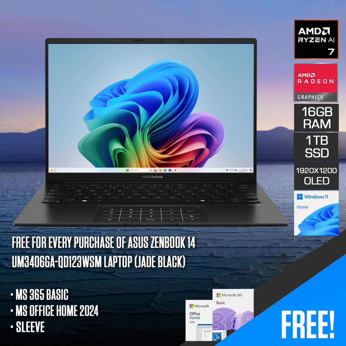 ASUS Zenbook 14 UM3406GA-QD123WSM Laptop (Jade Black)