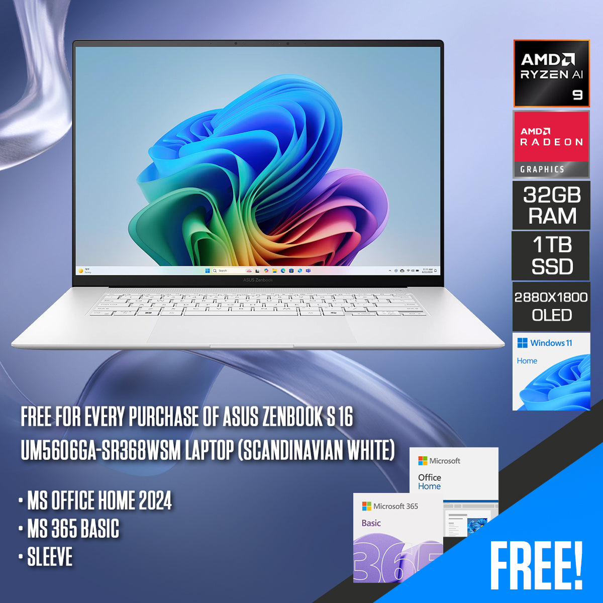 ASUS Zenbook S 16 UM5606GA-SR368WSM Laptop (Scandinavian White) | 16" 3K (2880x1800) OLED 120Hz Touchscreen | Ryzen AI 9 465 | 32GB RAM | 1TB SSD | Radeon Graphics | Windows 11 Home | MS Office Home 2024 + MS 365 Basic + Sleeve