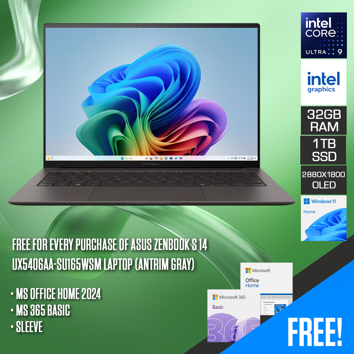 ASUS Zenbook S 14 UX5406AA-SU165WSM Laptop (Antrim Gray) | 14" 3K (2880x1800) OLED 120Hz Touchscreen | Core Ultra 9 386H | 32GB RAM | 1TB SSD | Intel Graphics | Windows 11 Home | MS Office Home 2024 + MS 365 Basic + Sleeve