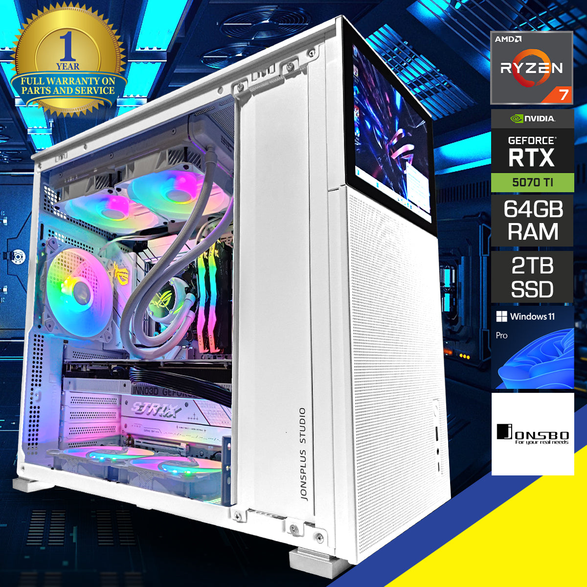 Ultra D41 Mesh White Desktop Gaming PC with Secondary Display Screen | AMD Ryzen 7 7800X3D | 64 GB RAM | 2TB SSD | RTX 5070 Ti | Windows 11 Pro