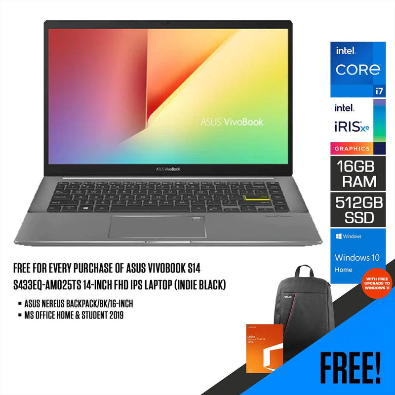 ASUS VIVOBOOK S14 S433EQ-AM025TS Laptop (Indie Black) | 14" FHD | i7-1165G7 | 16GB DDR4 | 512GB SSD | IRIS XE | WIN10 Office Home and Student ASUS NEREUS Backpack (Black) - DataBlitz