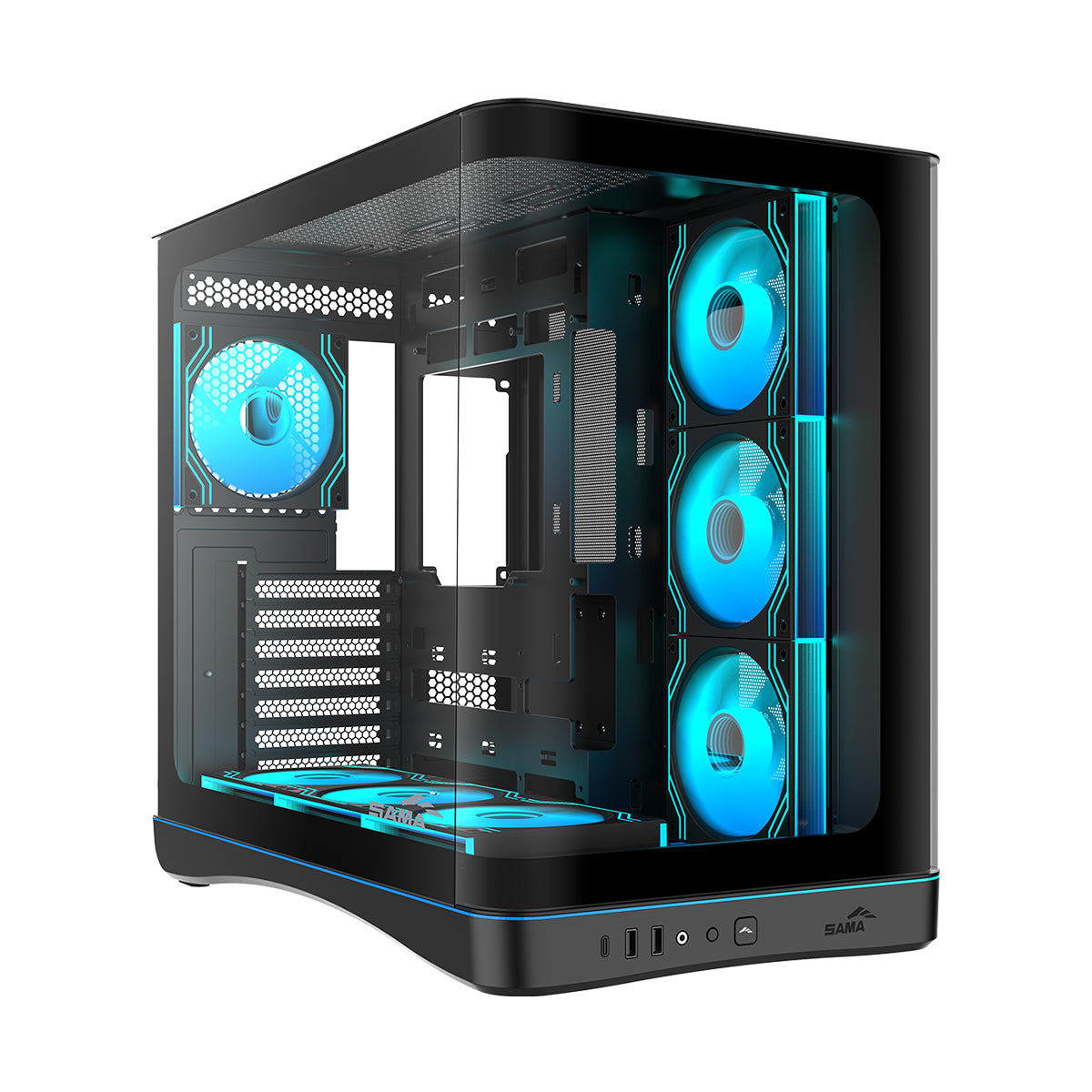 Sama V62 Mid-Tower Curved Panoramic TG Panel PC Case with 7x Pre-Installed ARGB Infinity Fans (Black, White) (V62-BKADA7X1-GL, V62-WHADA7X1-GL)