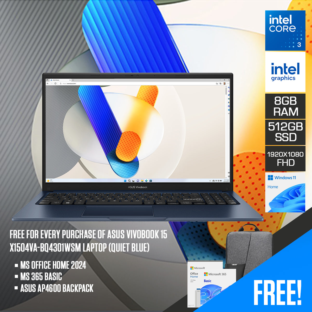 ASUS Vivobook 15 X1504VA-BQ4301WSM Laptop (Quiet Blue)