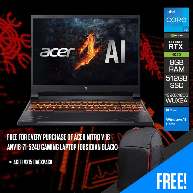 Acer Nitro V 16 ANV16-71-524U Gaming Laptop (Obsidian Black) | 16" WUXGA (1920x1200) IPS 165Hz | i5-14450HX | 8GB RAM | 512GB SSD | RTX 4050 | Windows 11 Home + Acer VX15 Backpack