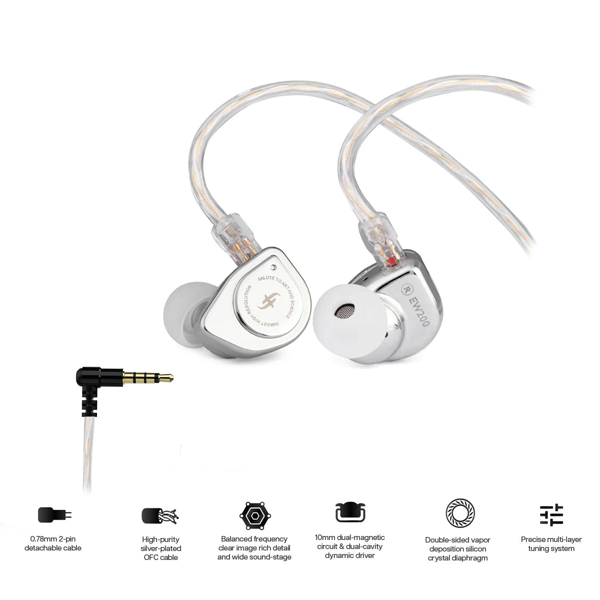 SIMGOT EW200 10mm SCP Diaphragm Dual-Magnetic-Circuit & Dual-Cavity Dynamic Driver In-Ear Earphones