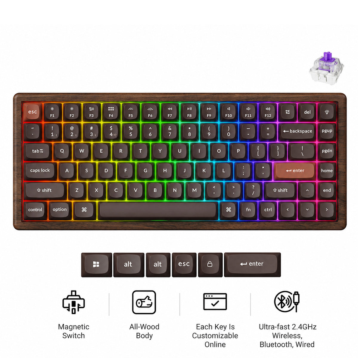 Keychron K2 HE 75% Wireless Hot-Swappable RGB Magnetic Switch Custom Keyboard - All-Wood