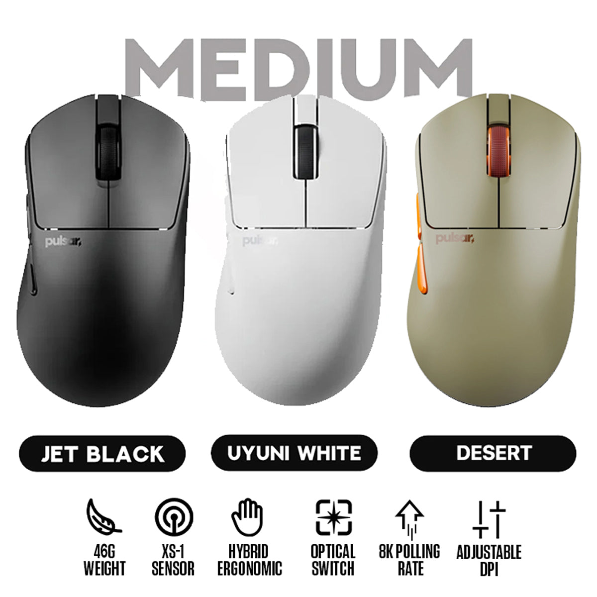 Pulsar X3 CrazyLight 8K Polling Rate eSports Gaming Mouse Size 2 (Jet Black, Uyuni White, Desert)