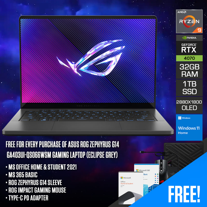 Asus ROG Zephyrus G14 GA403UI-QS066WSM Gaming Laptop (Eclipse Grey) | 14" 3K (2880x1800) OLED 120Hz | R9 8945HS | 32GB RAM | 1TB SSD | RTX 4070 | Win 11 Home + MS Office H&S 2021 + MS 365 Basic +Zephyrus G14 Sleeve +Impact Gaming Mouse + Type-C PD Adapter