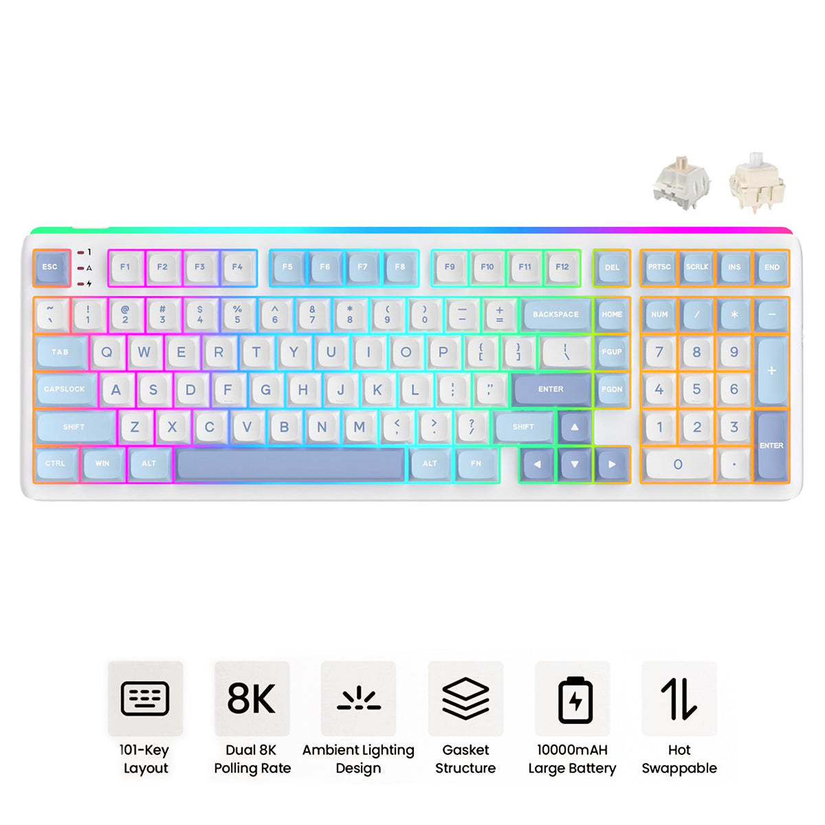 Royal Kludge RK R99 Tri-Mode RGB 101 Keys Hot-Swappable Mechanical Keyboard Rhythm Blue