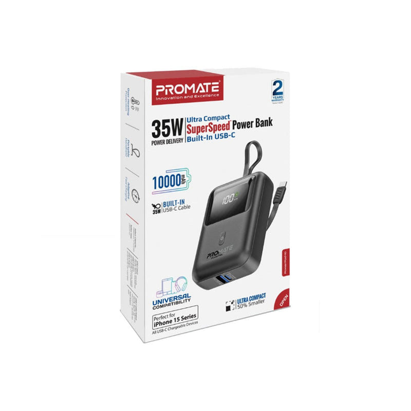 Promate Powerpod-10 10000mAh Ultra Compact 35W Superspeed Power Bank With Built-In USB-C Cable (Black)