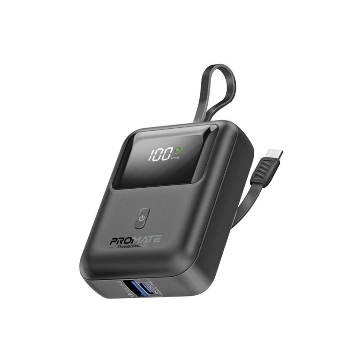 Promate Powerpod-10 10000mAh Ultra Compact 35W Superspeed Power Bank With Built-In USB-C Cable 