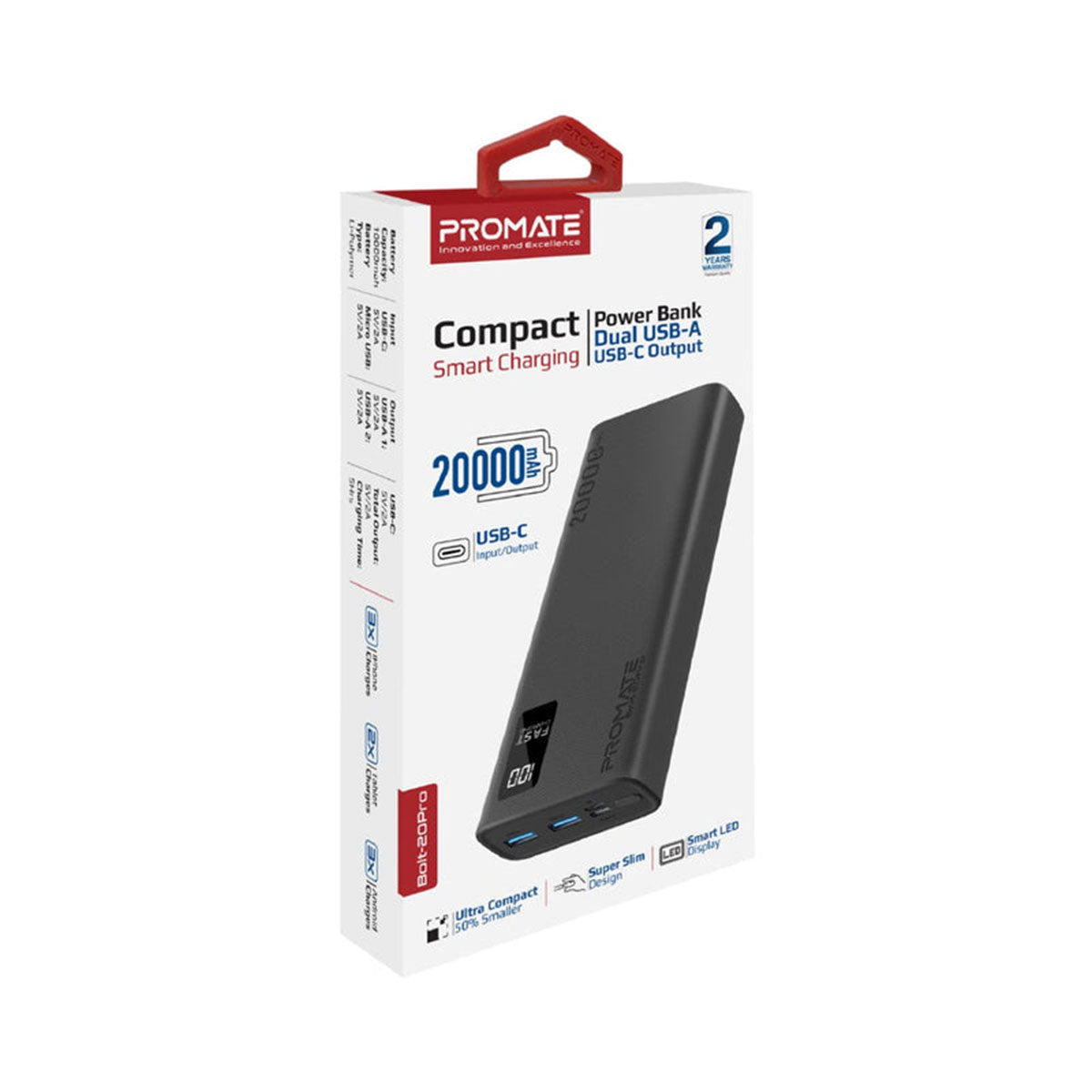 Promate PRO Dual USB-A USB-C Output Smart Super Charging Super Slim Power Bank Black