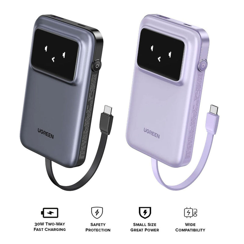 Ugreen Uno 10000mAh Quick Charging 30W Power Bank With Build-in USB-C Cable (Grey, Purple)