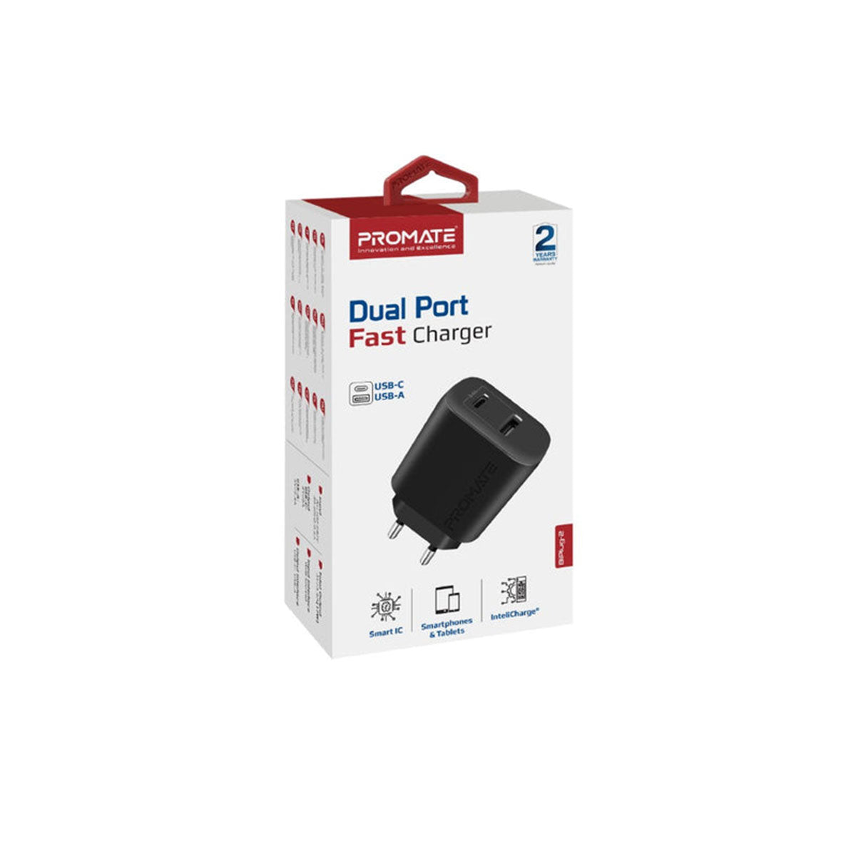 Promate Biplug-2 Ultra Compact Dual Port 17W Fast Charger USB-C USB-A Universal Compatibility EU (Black)