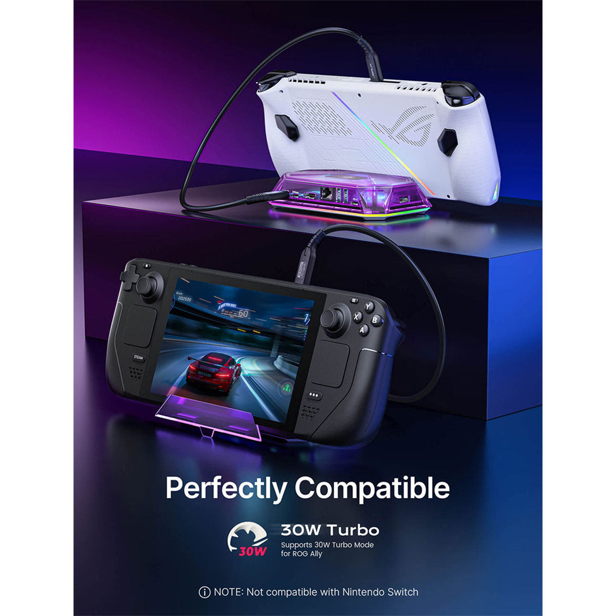 JSAUX 8-Port RGB Docking Station Pro for Steam Deck/ Steam Deck OLED/ ROG Ally/ ROG Ally X/ Legion Go/ MSI Claw (Clear Purple) (HB0801S)