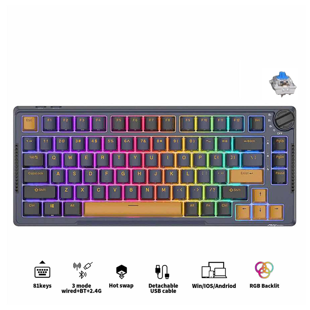 Royal Kludge RK-H81 Tri-Mode RGB 81 Keys Hot Swappable Mechanical Keyboard Star Night (Sky Cyan, Brown, Blue Switch)