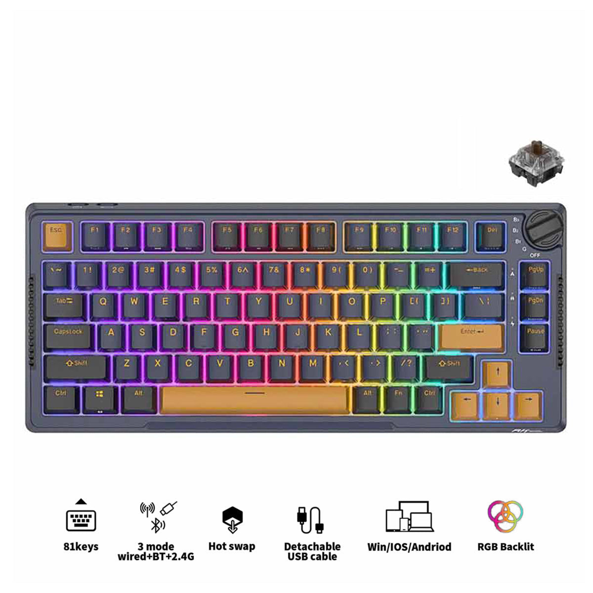 Royal Kludge RK-H81 Tri-Mode RGB 81 Keys Hot Swappable Mechanical Keyboard Star Night (Sky Cyan, Brown, Blue Switch)