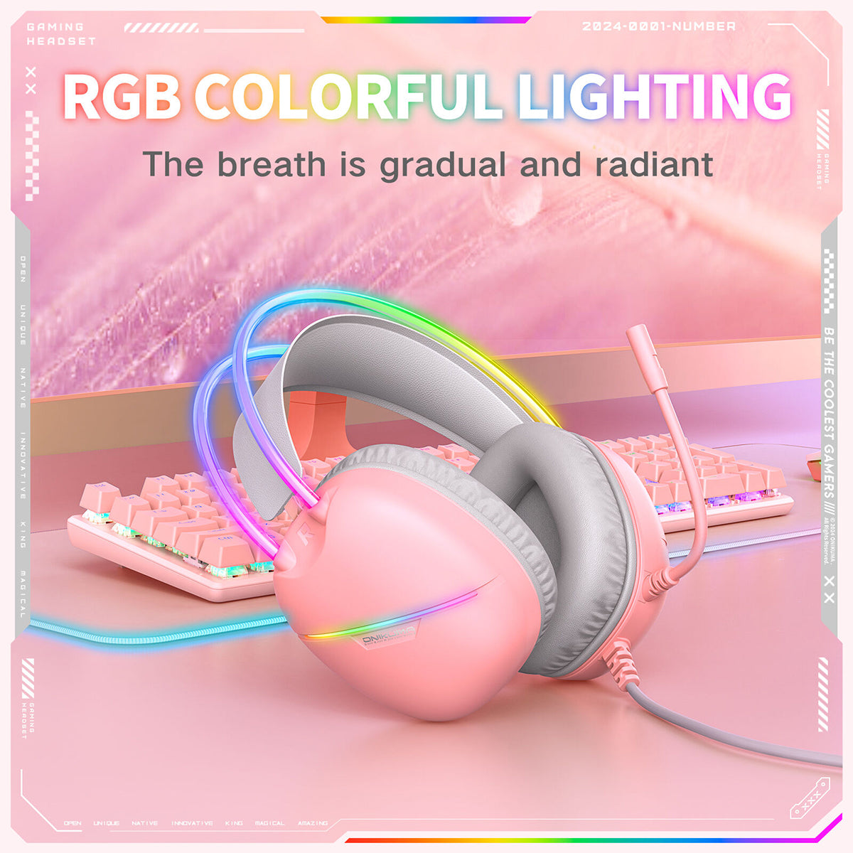 Onikuma X33 RGB Wired Gaming Headset with Noise Cancelling Microphone (Black, Pink)