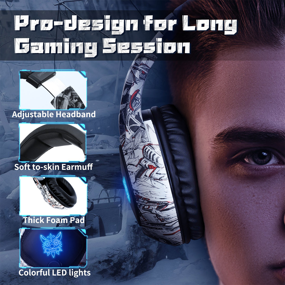 Onikuma K19 Professional Gaming Headset with RGB Led Backlight (Camo Grey, Camo White)