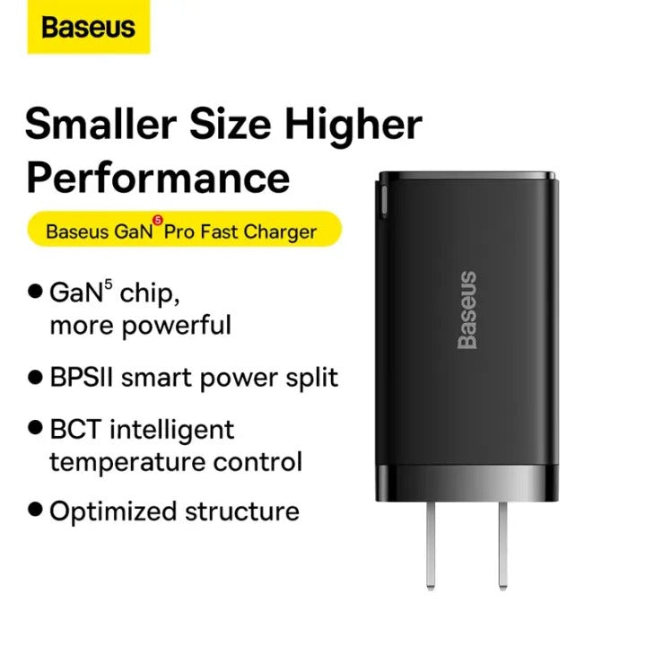 Baseus GaN5 Pro Fast Charger 2C+U 65W US (Black) (CCGP120101)