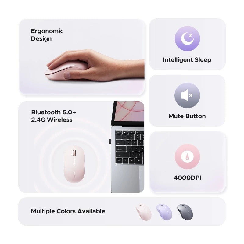Ugreen Multi-Mode 4000DPI Wireless Mouse (Pink, Purple, Gray)