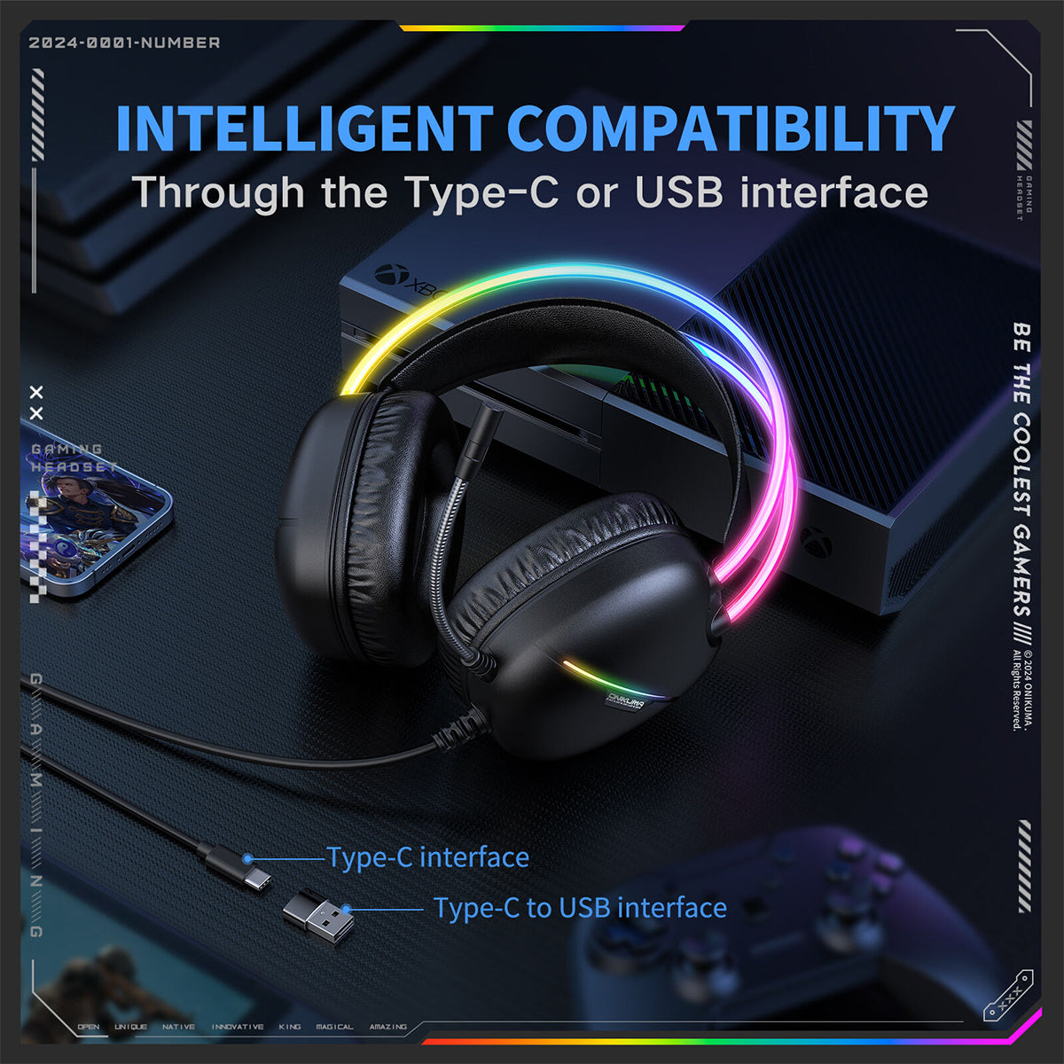Onikuma X33 RGB Wired Gaming Headset with Noise Cancelling Microphone (Black, Pink)