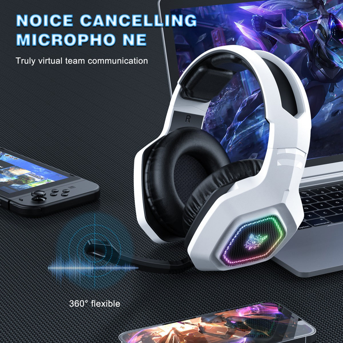 Onikuma B100 RGB Tri-Mode Gaming Headset (Black, White)