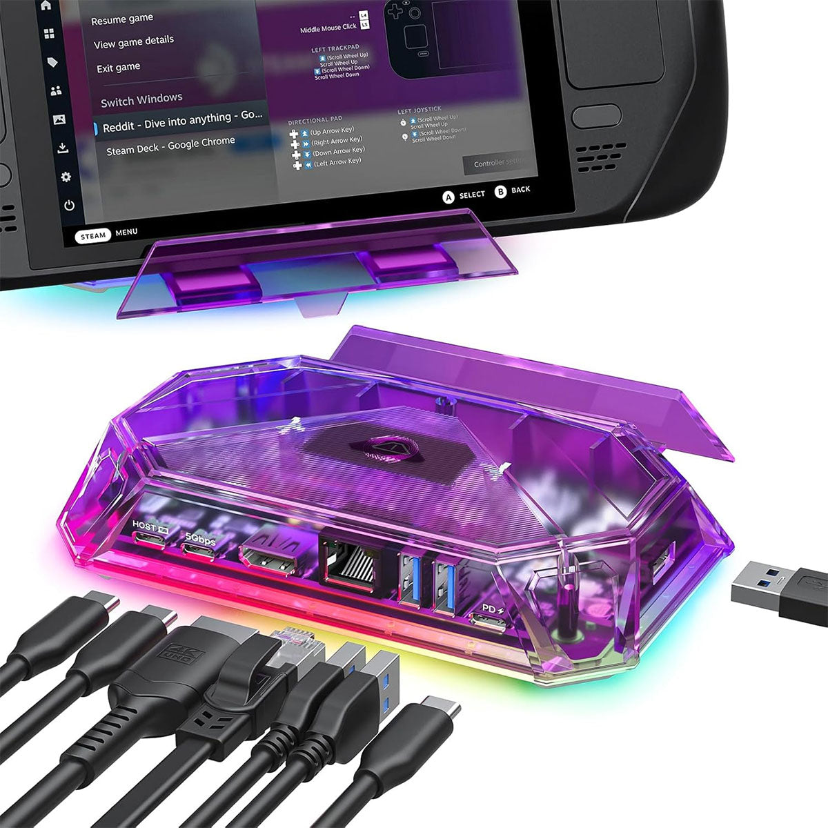 JSAUX 8-Port RGB Docking Station Pro for Steam Deck/ Steam Deck OLED/ ROG Ally/ ROG Ally X/ Legion Go/ MSI Claw (Clear Black, Clear Purple) (HB0801S)