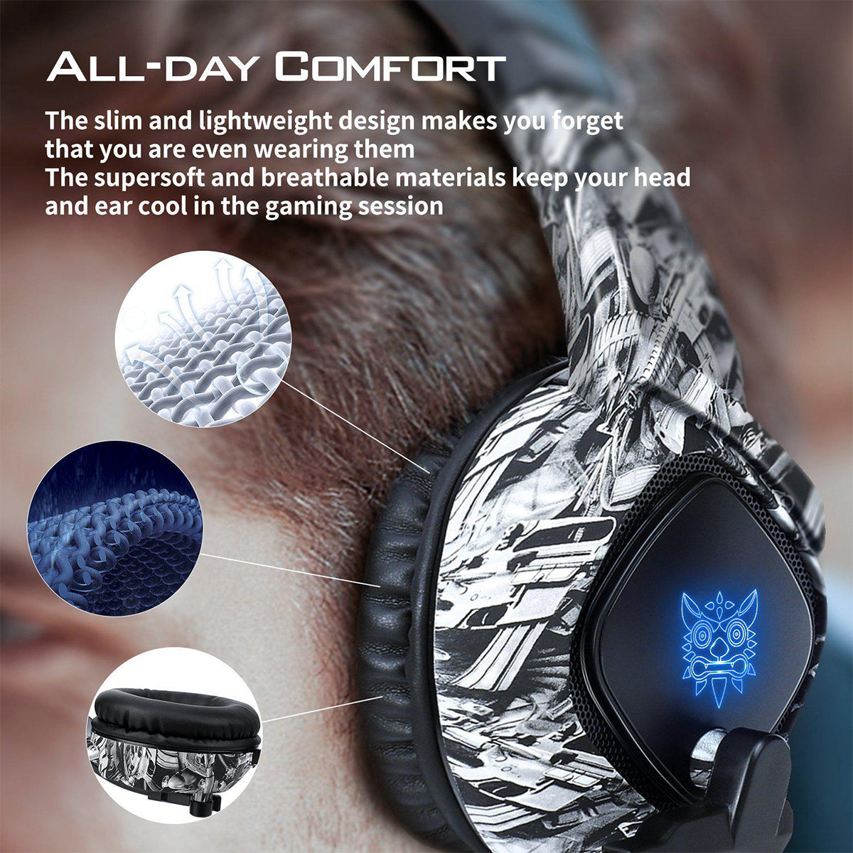 Onikuma K19 Professional Gaming Headset with RGB Led Backlight (Camo Grey, Camo White)