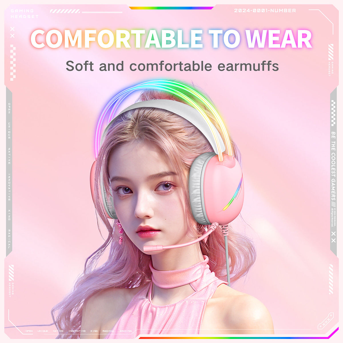 Onikuma X33 RGB Wired Gaming Headset with Noise Cancelling Microphone (Black, Pink)