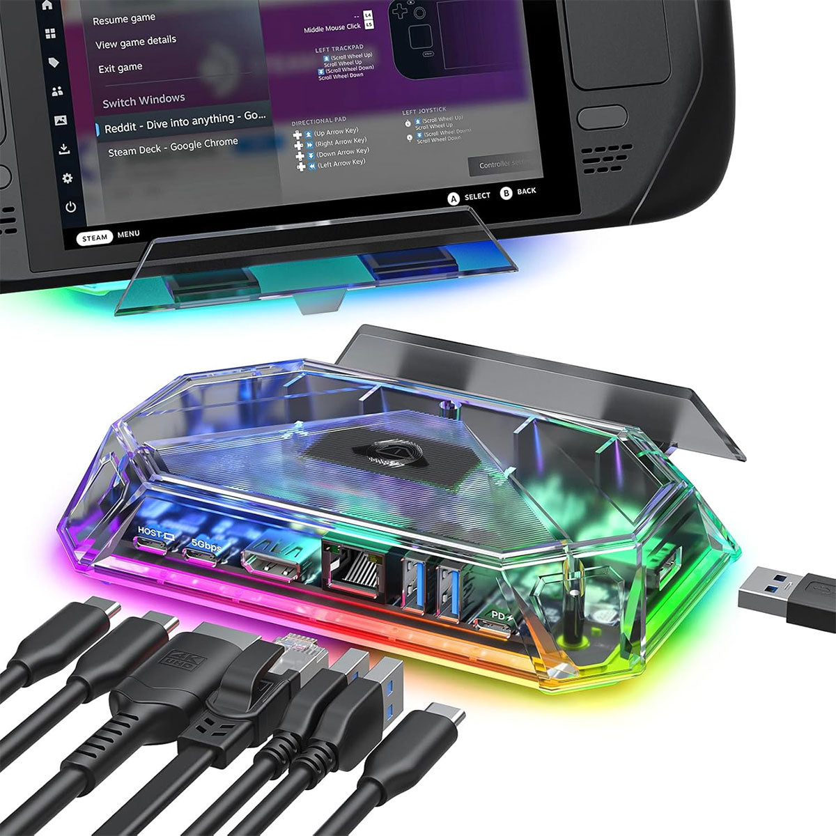 JSAUX 8-Port RGB Docking Station Pro for Steam Deck/ Steam Deck OLED/ ROG Ally/ ROG Ally X/ Legion Go/ MSI Claw (Clear Black, Clear Purple) (HB0801S)