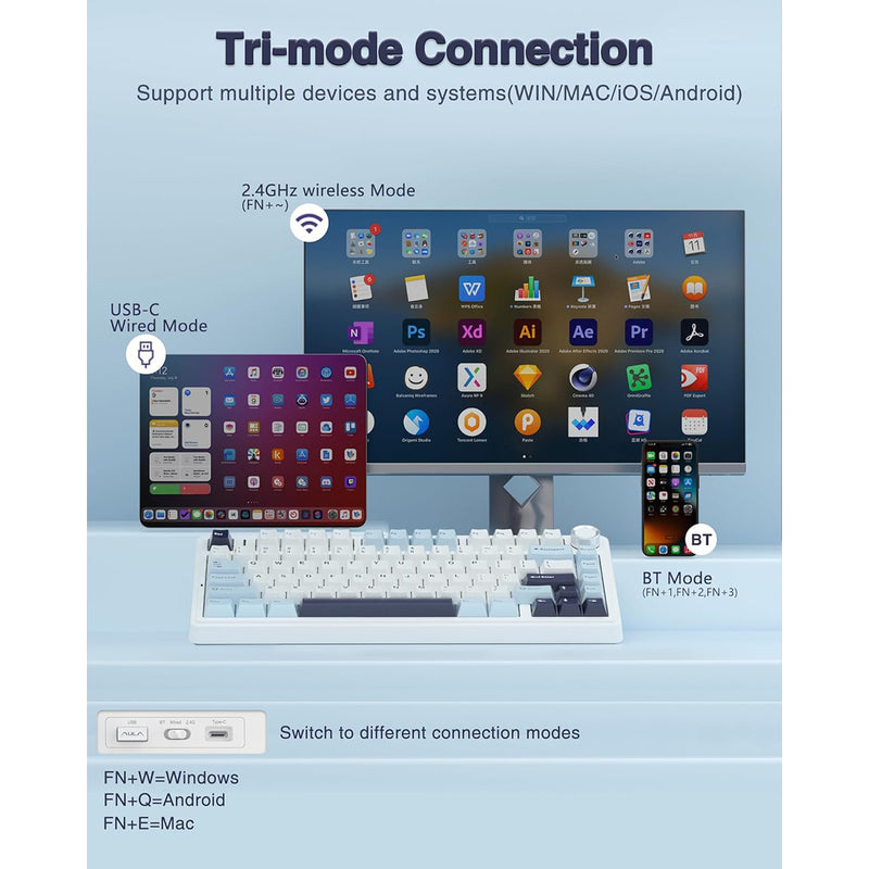 Aula F75 RGB Tri-Mode Type-C 75% 80-Key Gasket Structure Hot-Swap Mechanical Gaming Keyboard (Reaper Switch) (Light Blue/White/Black Purple)
