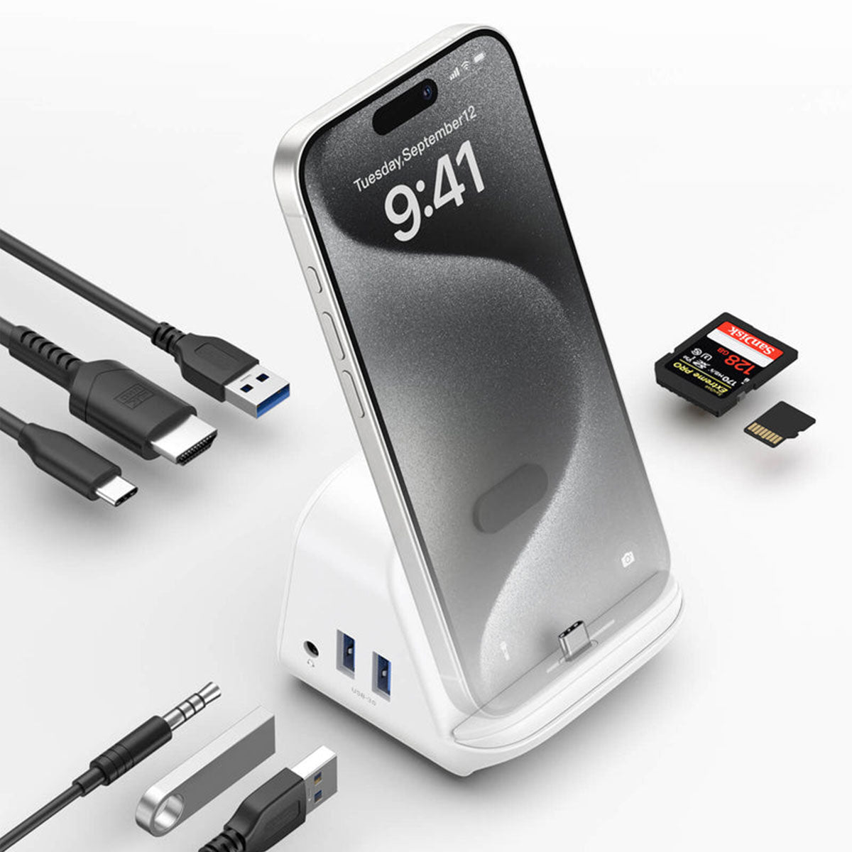JSAUX USB-C 8-in-1 Docking Station with Phone Holder (White) (HB0802)
