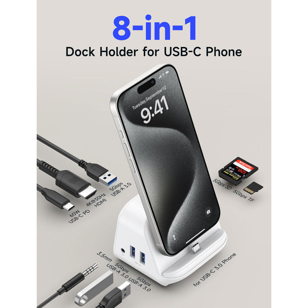 JSAUX USB-C 8-in-1 Docking Station with Phone Holder (White) (HB0802)