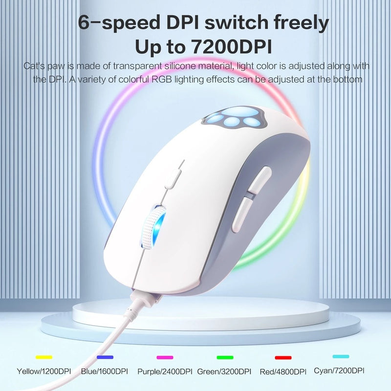 Onikuma CW918 Cat Paw RGB Wired Professional Gaming Mouse (White)