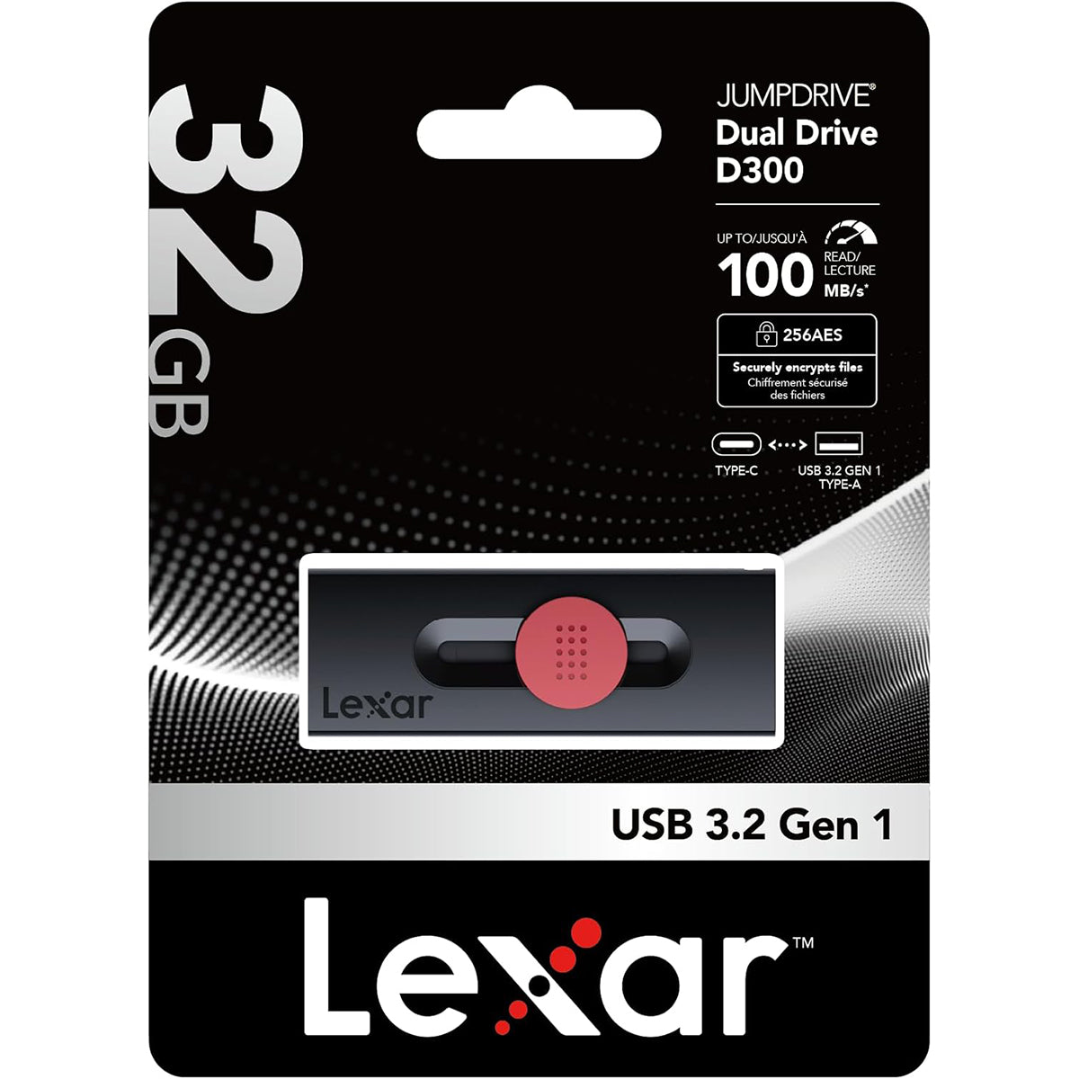 Lexar JumpDrive Dual Drive D300 32GB USB 3.1 Type-C & Type-A 100MB/s Read Flash Drive 