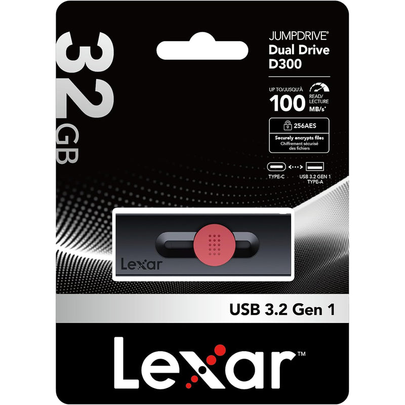 Lexar JumpDrive Dual Drive D300 32GB USB 3.1 Type-C & Type-A 100MB/s Read Flash Drive 