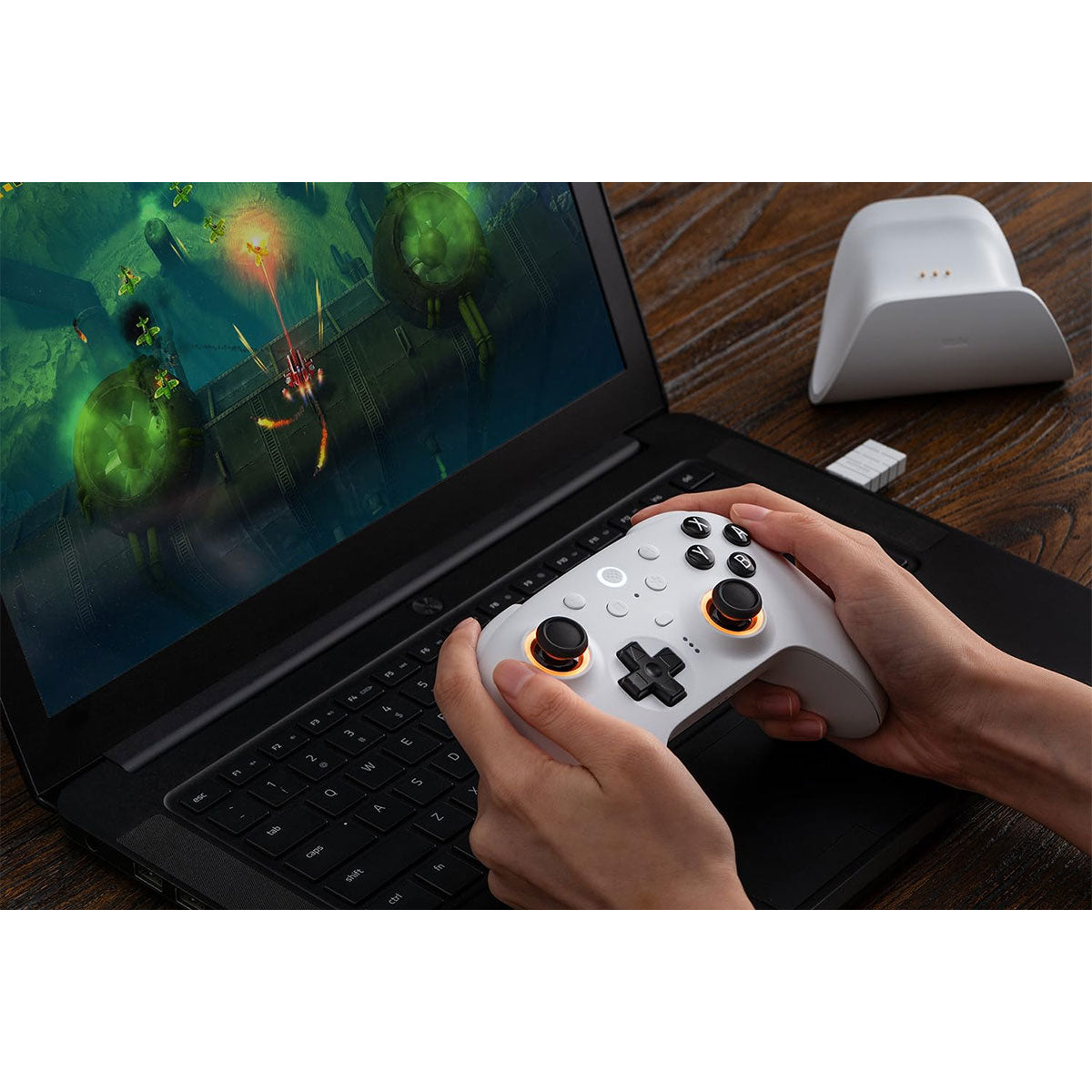 8BitDo Ultimate 2 Bluetooth Controller with TMR Joysticks, Switchable Hall Effect/Tactile Triggers, Vibration & Motion Control, RGB Fire Ring with Charging Dock for Nintendo Switch/Windows PC/N-Switch Pro Controller (Black, White) (80ND)