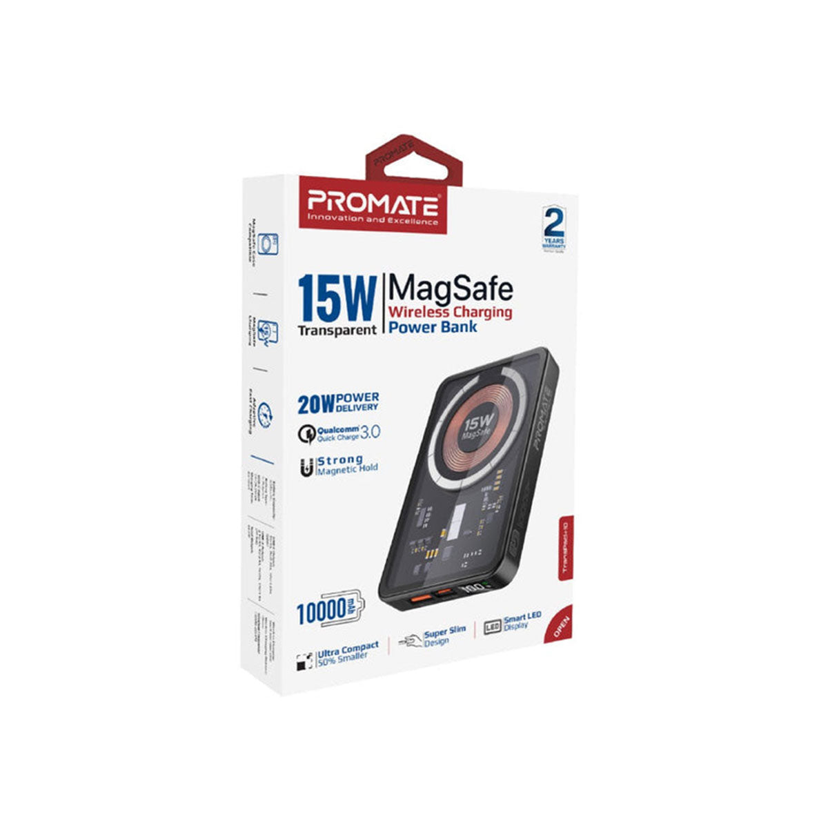 Promate Transpack-10 10000MAH Transparent Super Charge Magsafe 15W Wireless Charging Power Bank
