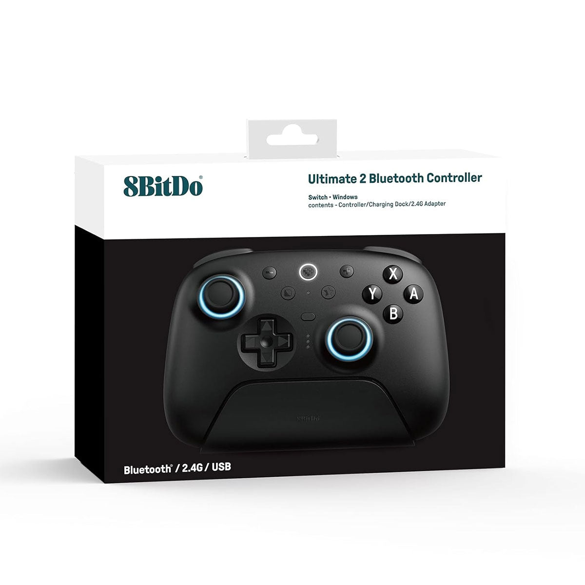 8BitDo Ultimate 2 Bluetooth Controller with TMR Joysticks, Switchable Hall Effect/Tactile Triggers, Vibration & Motion Control, RGB Fire Ring with Charging Dock for Nintendo Switch/Windows PC/N-Switch Pro Controller (Black, White) (80ND)