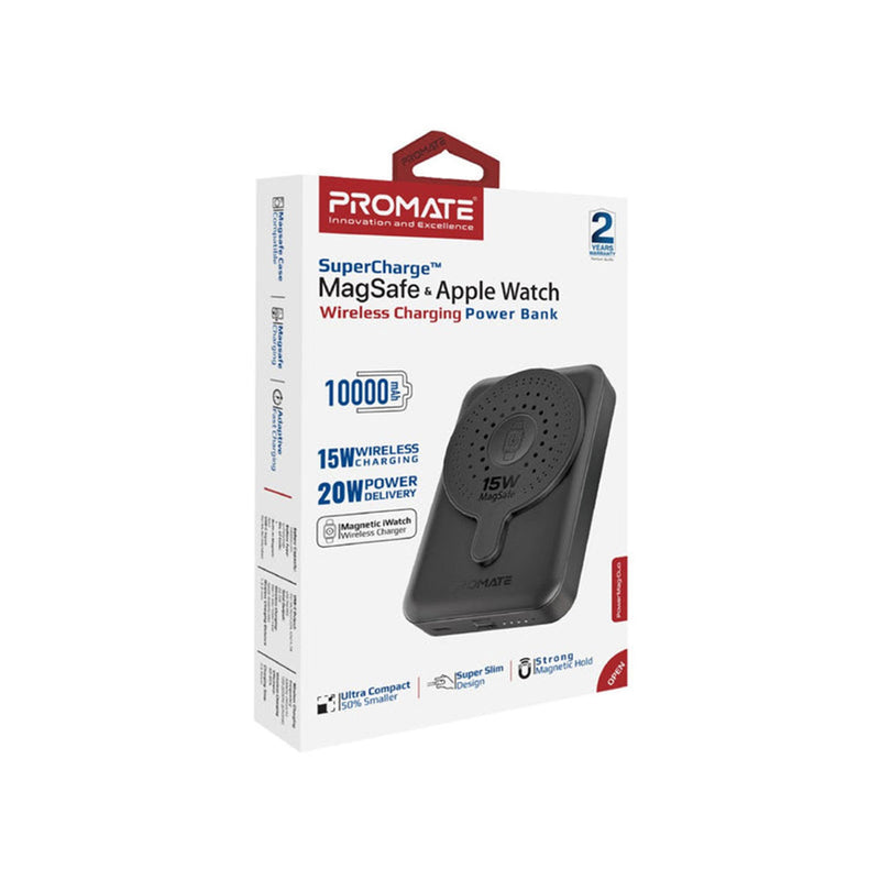 Promate Powermag-Duo 10000MAH Supercharge Magsafe Compatible And Apple Watch Magnetic Wireless Charging Power Bank (Black)