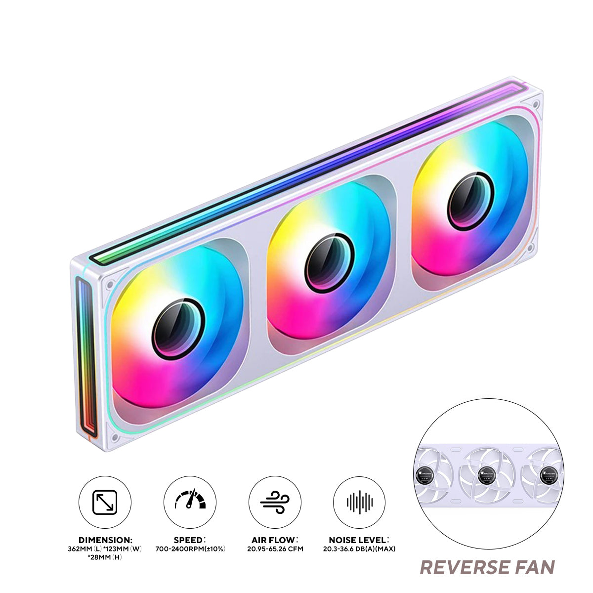 Jonsbo ZB-360WR 28MM ARGB Infinity Mirror Series Reverse Fan (White)