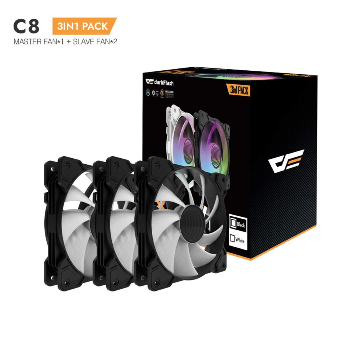 DarkFlash C8 ARGB Cooling Case Fan - 3-in-1 Pack (Black, White)