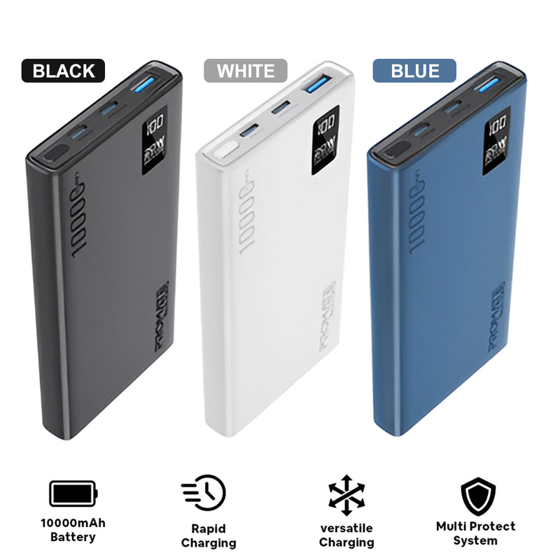 Promate Bolt-10PD 10000mAh Compact Smart Charging Power Bank with 20W PD Dual USB-C & 22.5W USB-A Ports (Black, Blue, White)