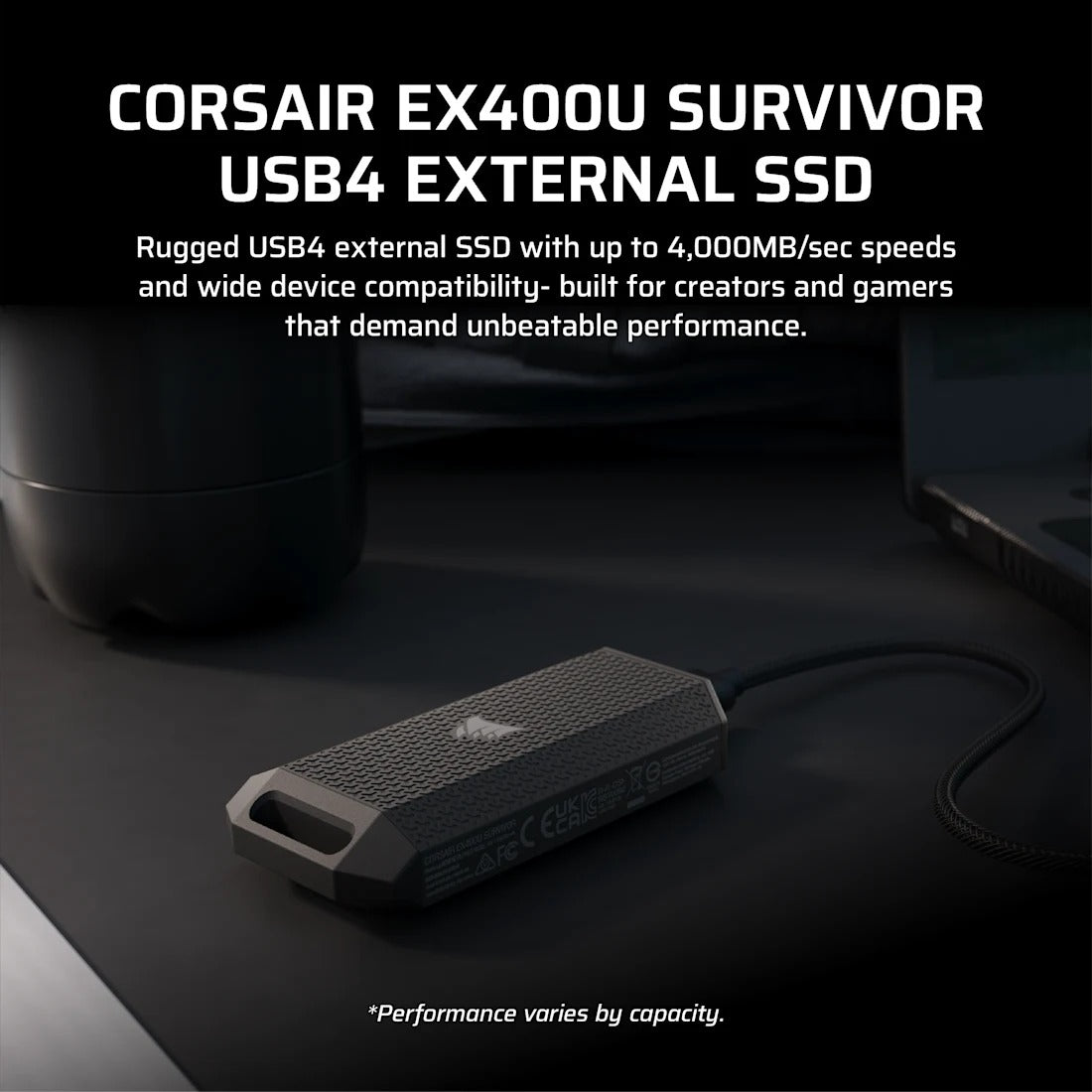 Corsair EX400U Survivor 1TB USB4 4000MB/s Read 3600MB/s Write Portable SSD (CSSD-EX400US1TB)