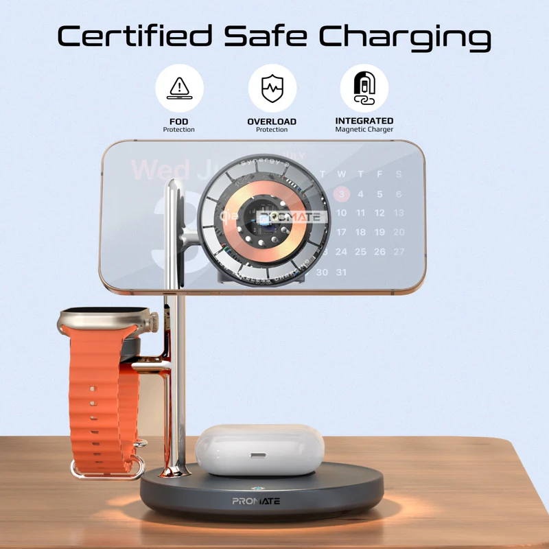 Promate Synergy-3 4-in-1 Qi2 Certified MagSafe Compatible Wireless Charging Station