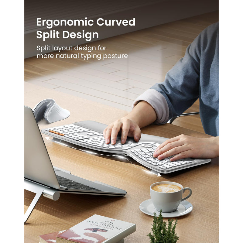 ProtoArc EK01 Plus Dual Mode Full Size Backlit Ergonomic Split Keyboard (White/Silver) (CP015756)