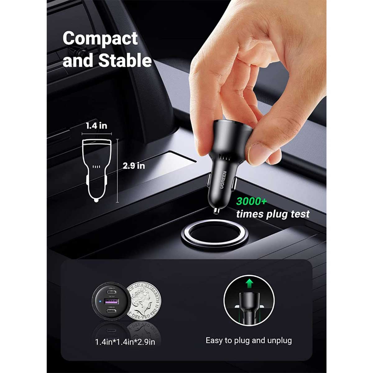 UGreen 3-Port 2XUSB-C PD+USB-A 69W Fast Car Charger (Black) (CD239/20467)