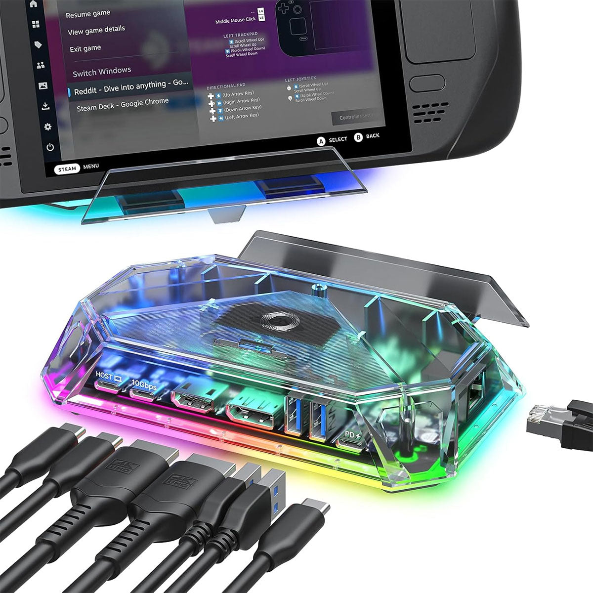 JSAUX 12-Port RGB Docking Station Pro for Steam Deck/ Steam Deck OLED/ ROG Ally/ ROG Ally X/ Legion Go/ MSI Claw (Clear Black, Clear Purple) (HB1201S)